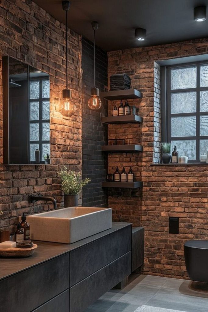 Urban brick bathroom with rustic flair.