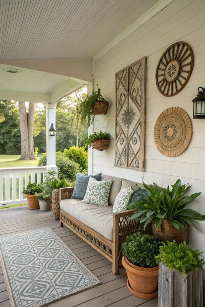Eclectic porch with dense greenery design