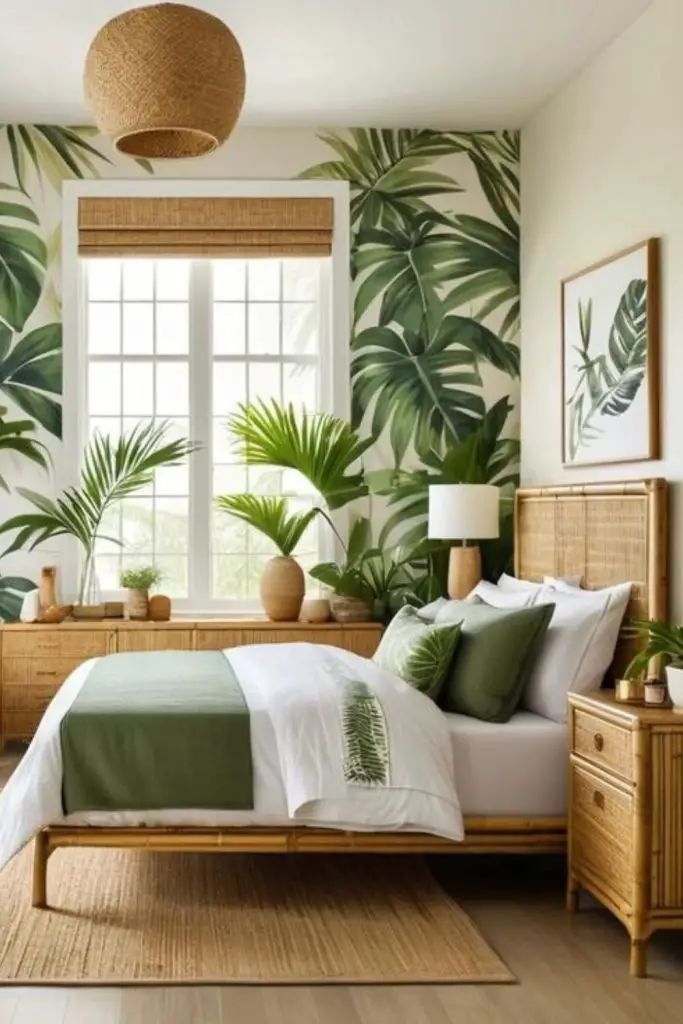 Plant-filled earthy green indoor oasis.