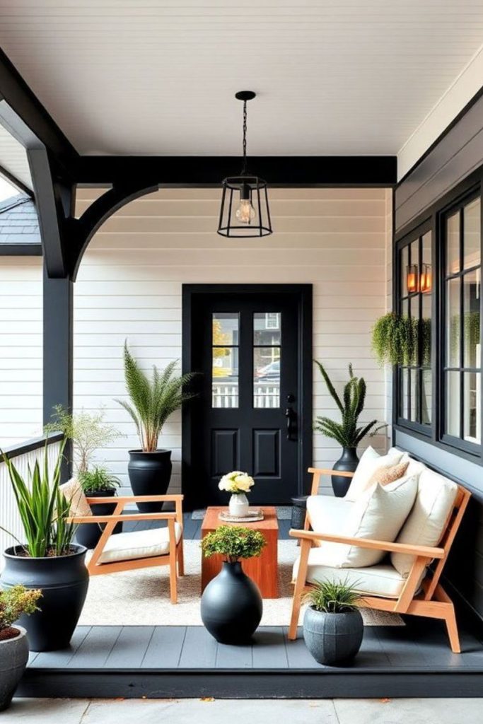 Sleek black framed modern porch design
