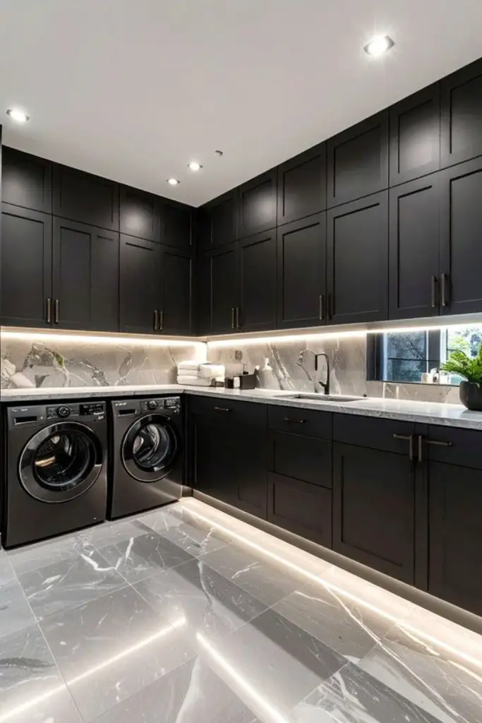 Minimalist glossy black modern laundry design