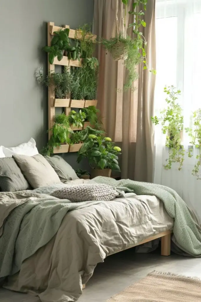 Vertical garden wall in tiny bedroom