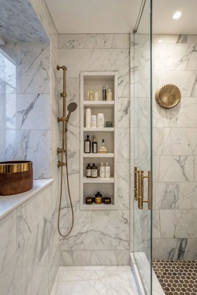 Vertical shelves maximize compact shower storage.