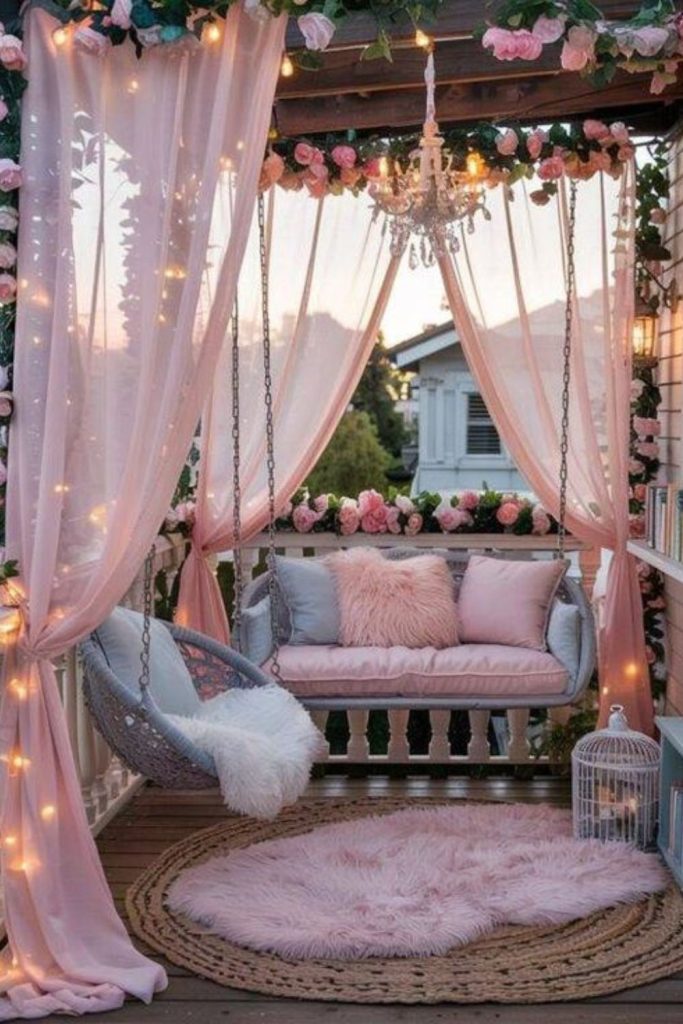 Ornate porch with lace and flowers.