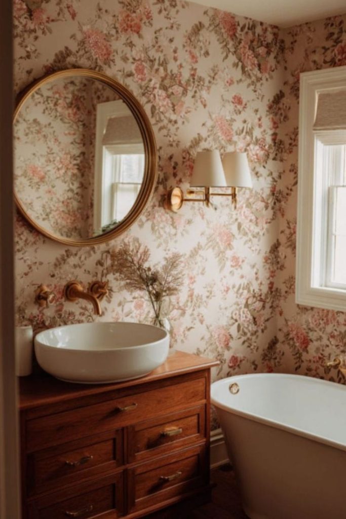 Vintage bathroom with floral wallpaper charm.