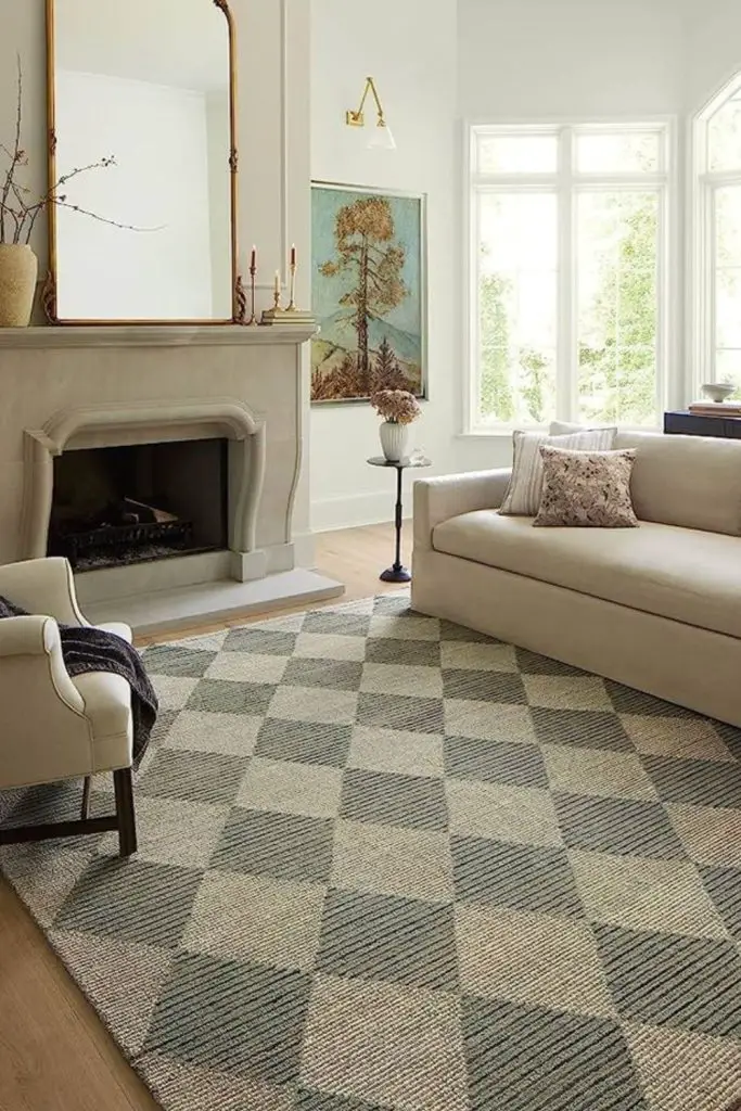 Plaid rugs anchor cozy autumn rooms.