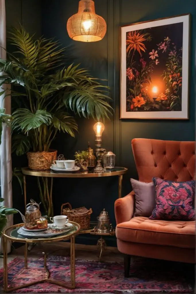 Vintage romance corner with velvet armchair