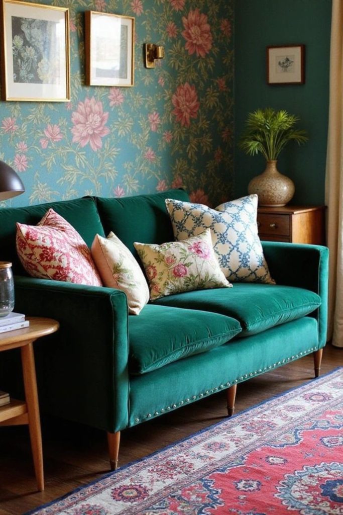 Emerald sofas with floral wallpaper.