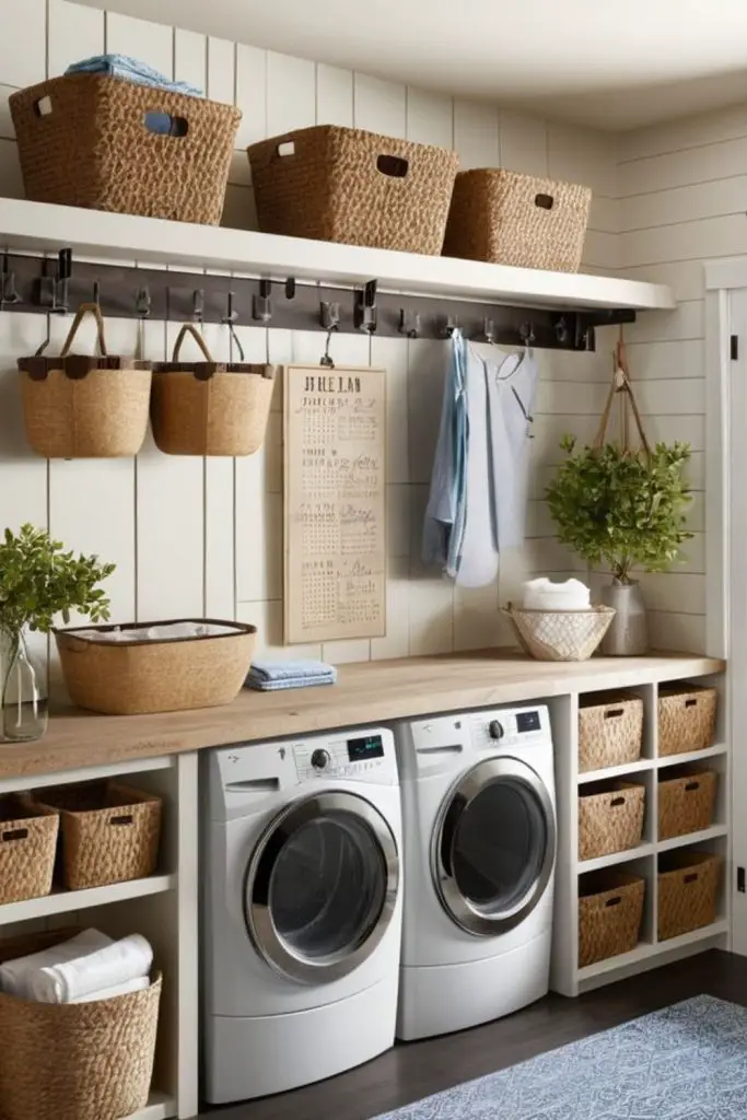 Wall hooks organize laundry room essentials