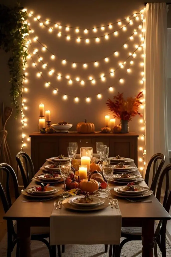 String lights cast warm autumn glow.