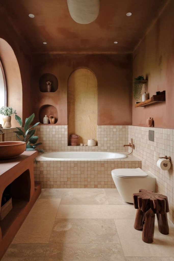 Warm terracotta wetroom with rustic feel