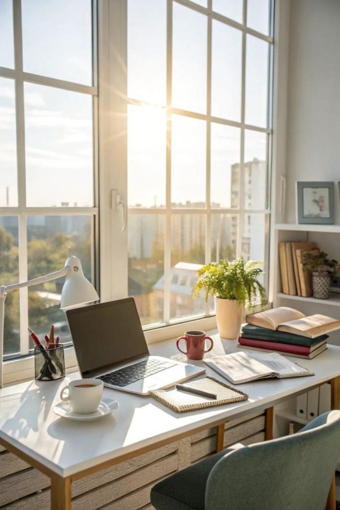 Window sill desk with natural light