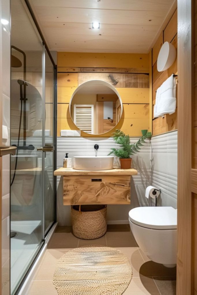 Rustic wooden cabin style bathroom nook.
