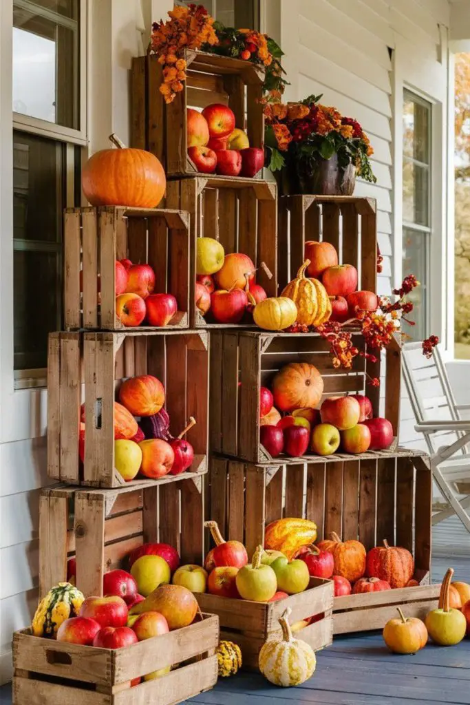 Wooden crates display rustic autumn charm.