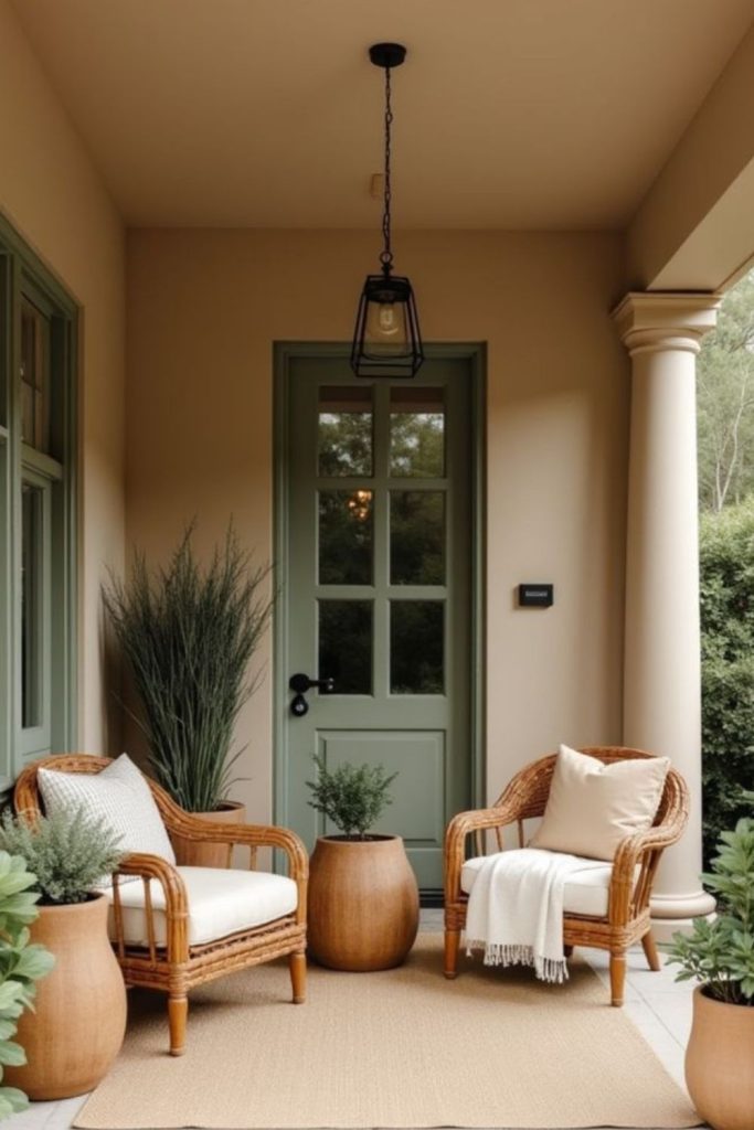 Wicker timber porch with moss cushions.