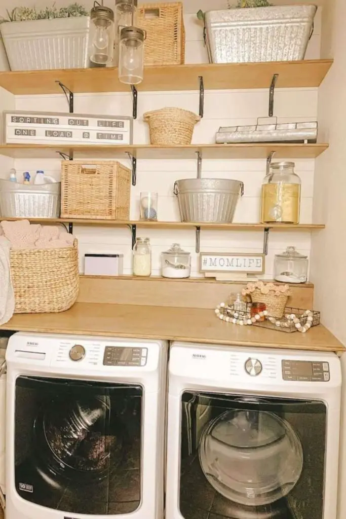 Woven baskets decorate laundry wall