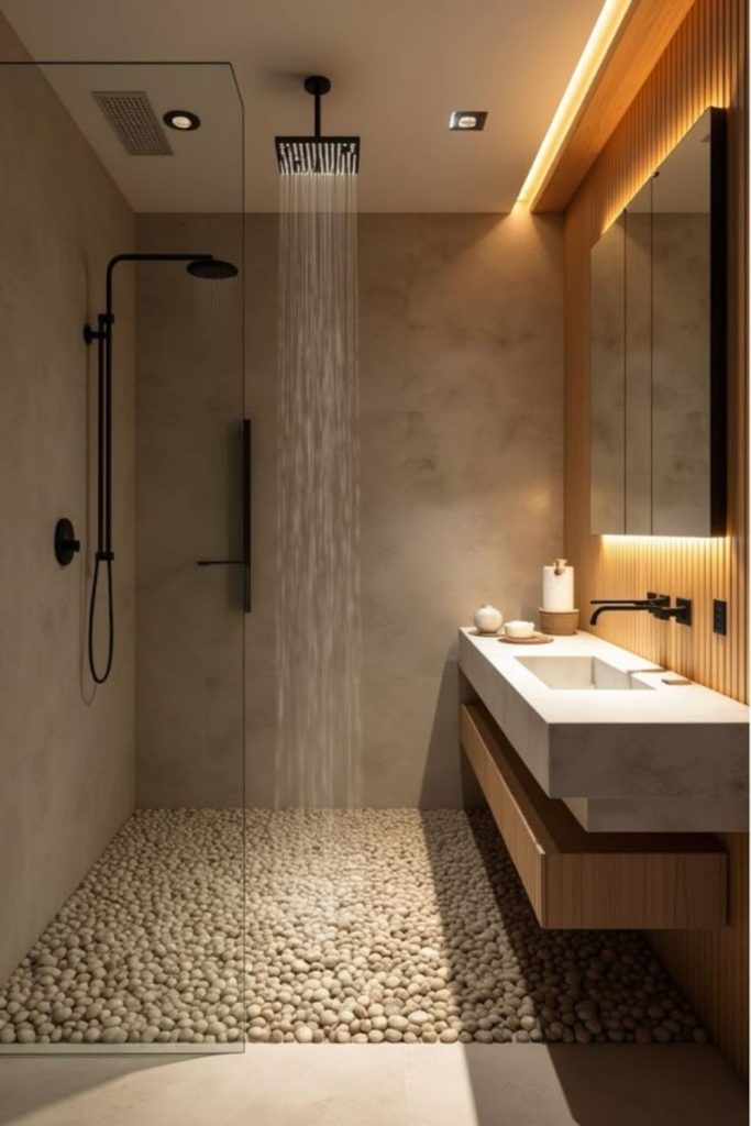 Zen pebble wetroom with bamboo walls