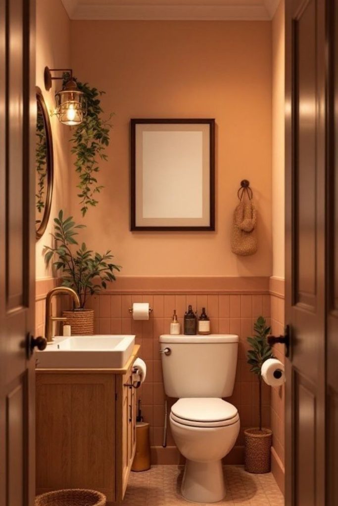 Amber-toned cozy tiny bathroom interior.