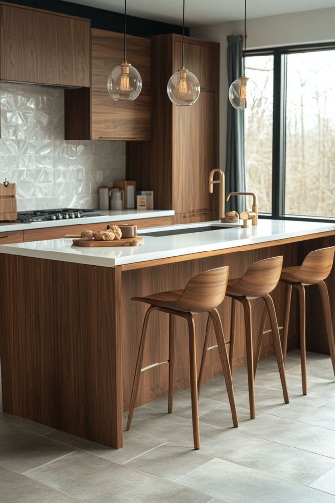 Retro mid-century amber wood kitchen style.