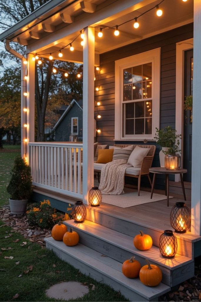 Amber glow porch with cozy lights.