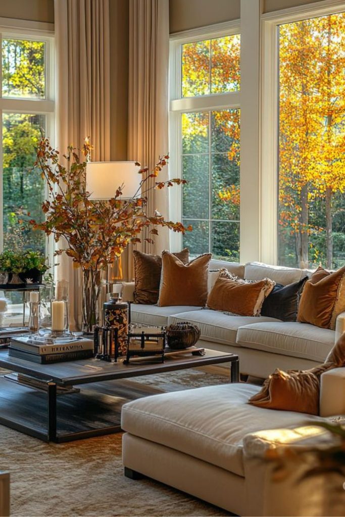 Amber-lit elegant cozy living interior.