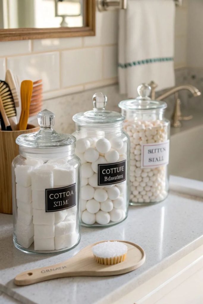 Glass apothecary jars on counter.