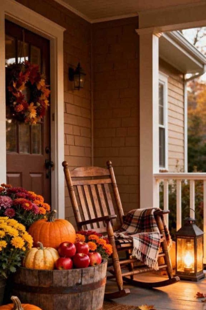Apple harvest porch with rustic charm.