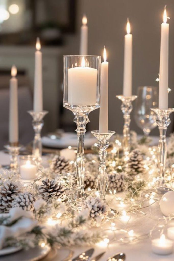 Icy crystal blue winter tablescape elegance.