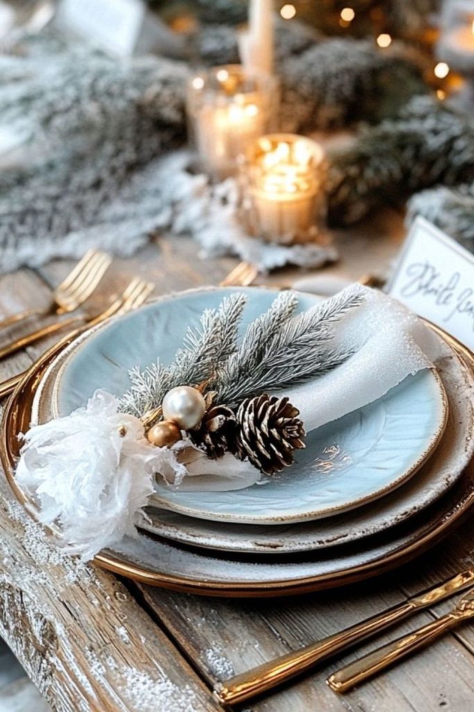 Feathered arctic white winter dining decor.