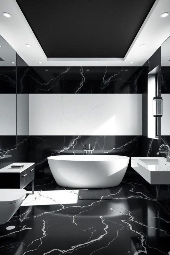 Frosty marble and dark stone bathroom.