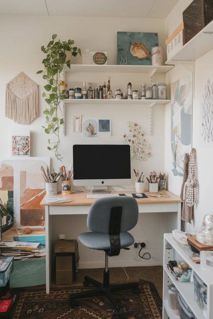 Artistic gallery workspace filled with art