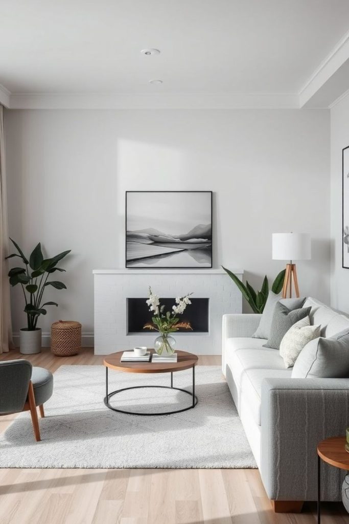 Gray timber minimalist cozy living room.