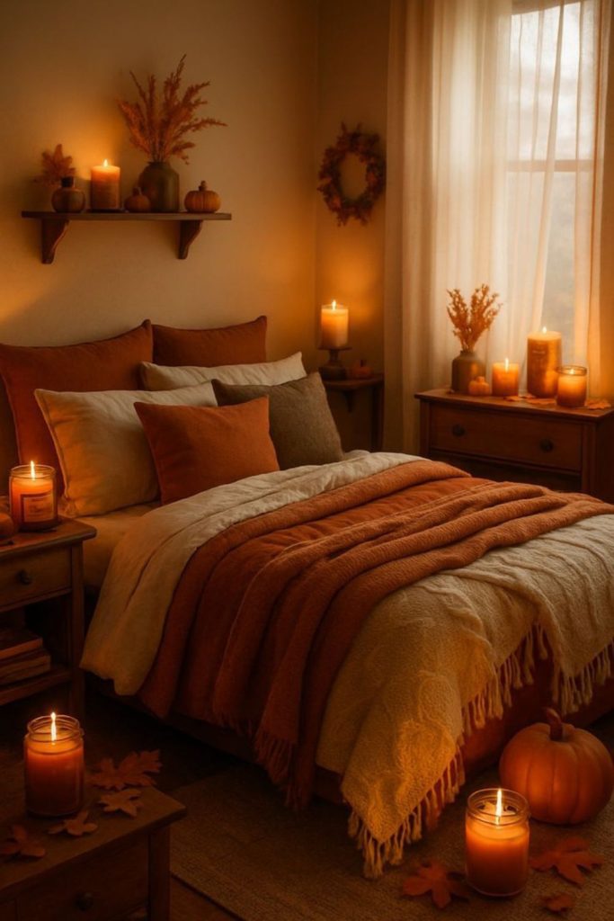 Amber autumn-inspired cozy bedroom.