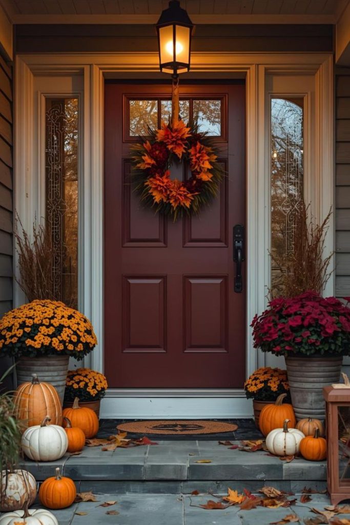Warm rustic porch with autumn wreaths.