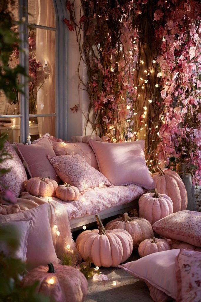 Romantic porch with velvet and flowers. 