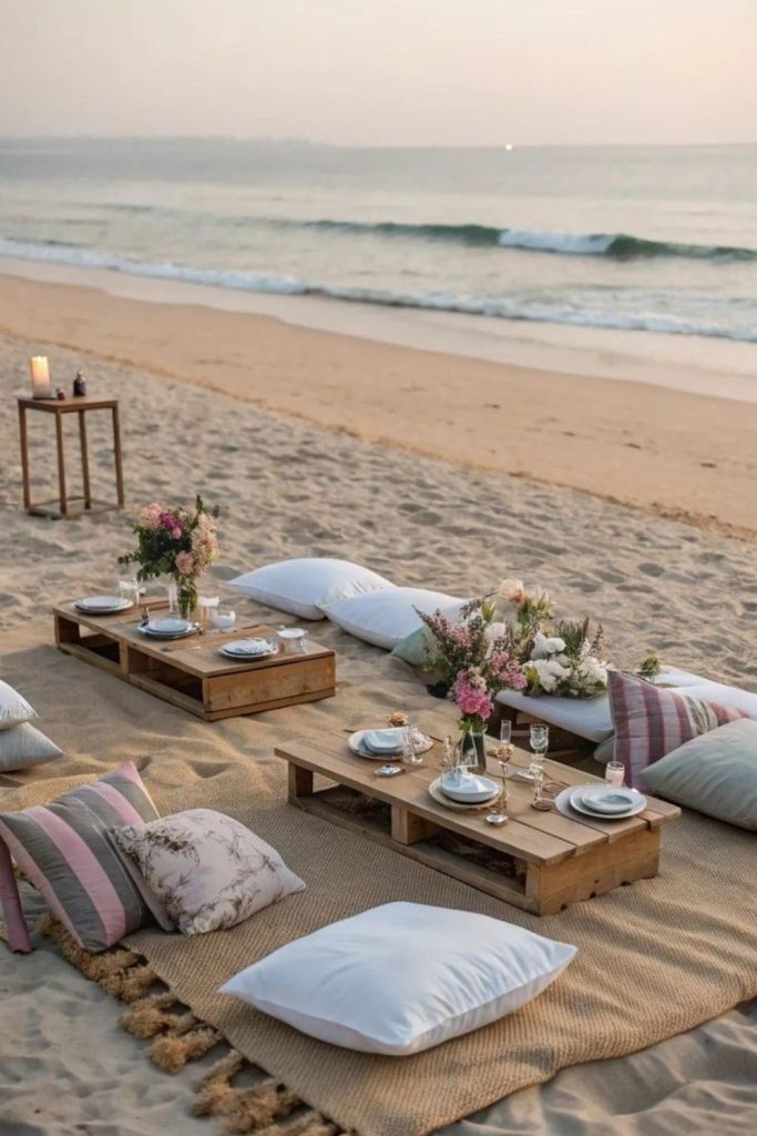 Boho picnic with rugs and lanterns.