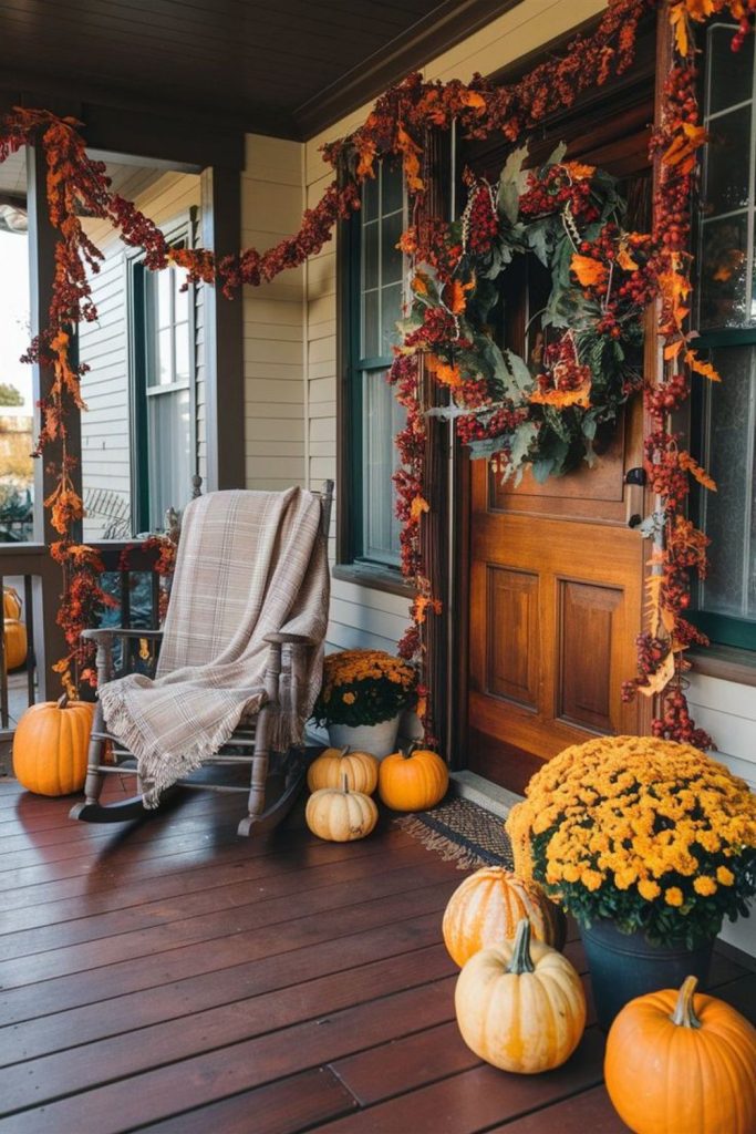 Barnwood porch with rustic pumpkins.