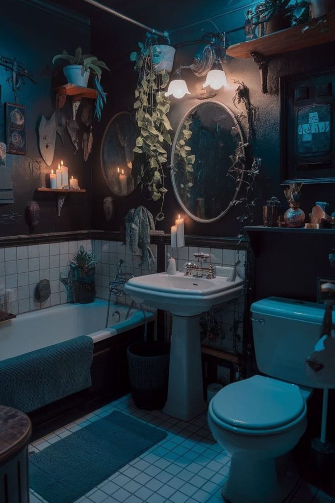 Bat cave bathroom with dark navy tones.