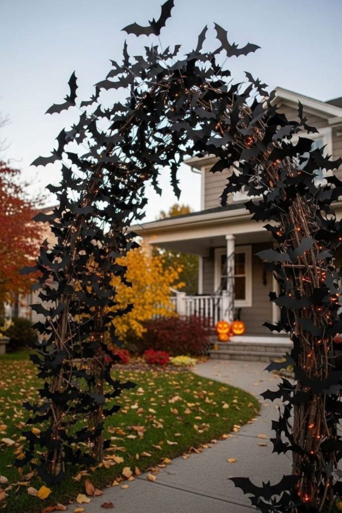 DIY bat archway entrance with spooky swarm