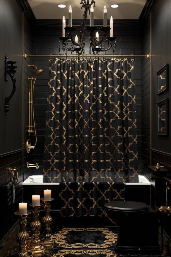 Bewitched black bathroom with gothic flair.