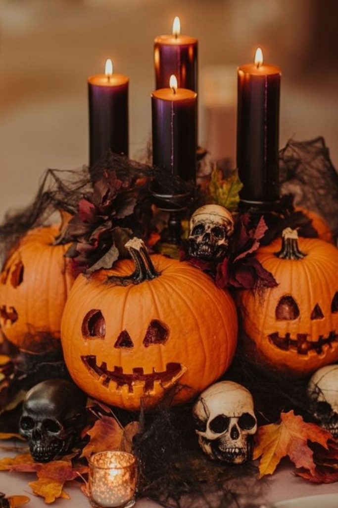 Bewitched pumpkin patch with moss decor.
