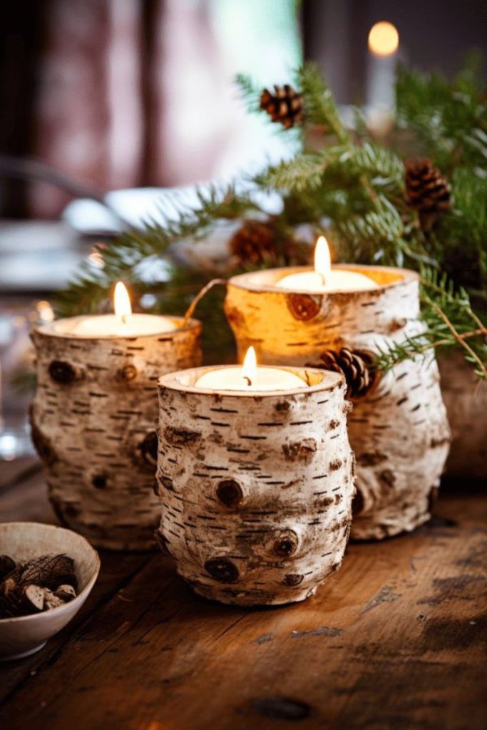 Birch log candle holder display.