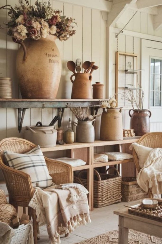 Birch furniture cottage with floral jars.