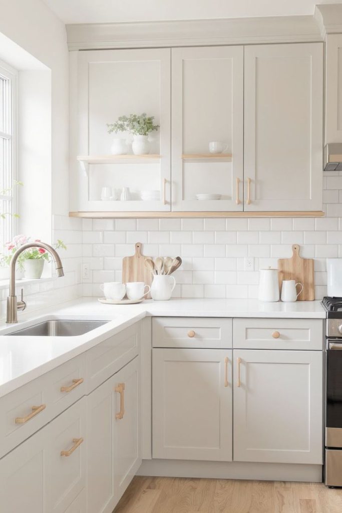 Biscotti beige kitchen with brass accents.
