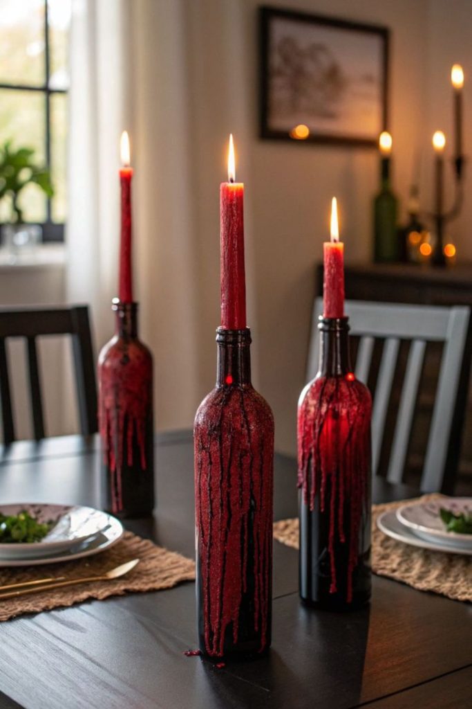 Blood wax candles dripping from bottles.
