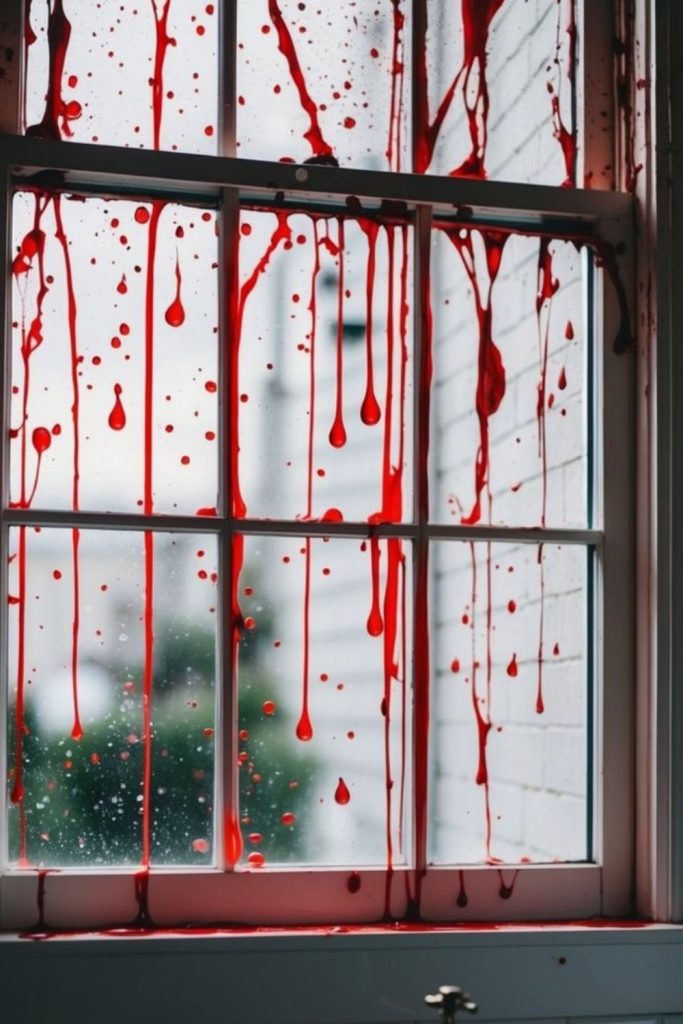 Blood drips running down window panes.