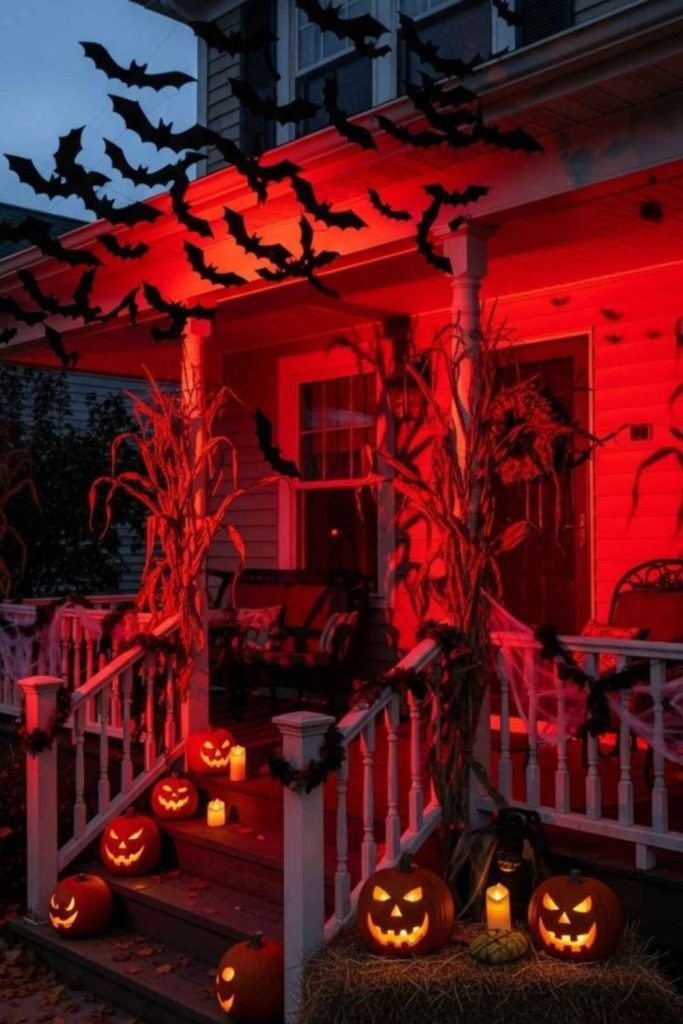 Yard glowing red under creepy lights
