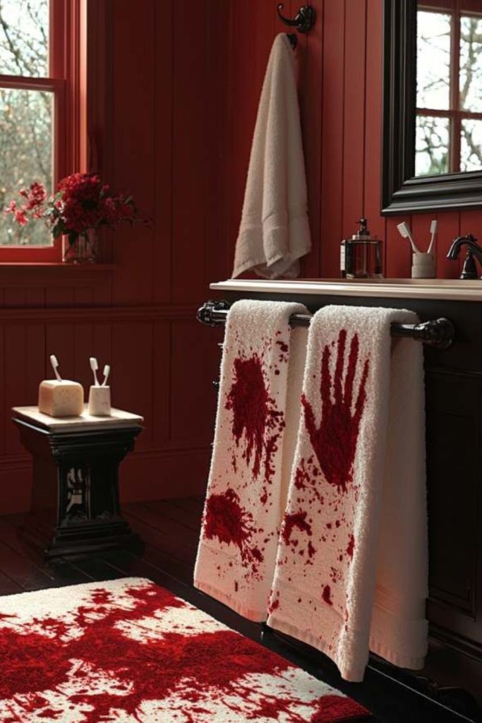 Red handprint towel with spooky blood splatters.