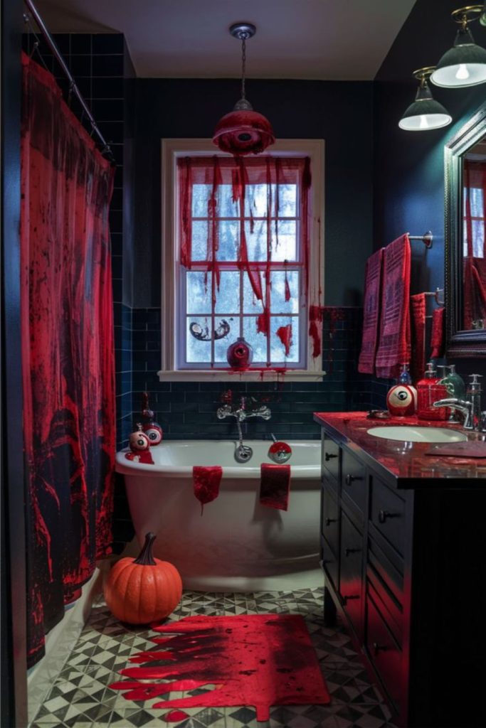 Bloody bath Halloween design with red splatters.