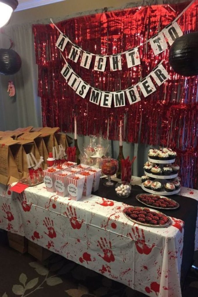 Bloody handprint tablecloth with horror vibe.